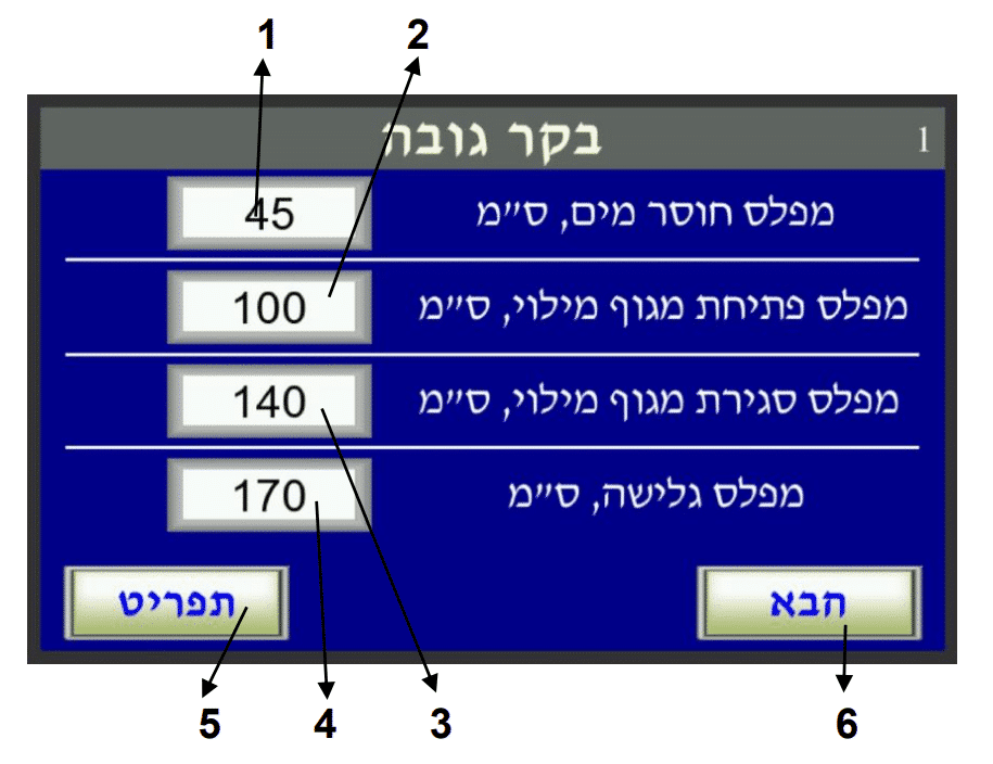 בקר גובה — מסך 1 (מפלסי הפעלה/עצירה)