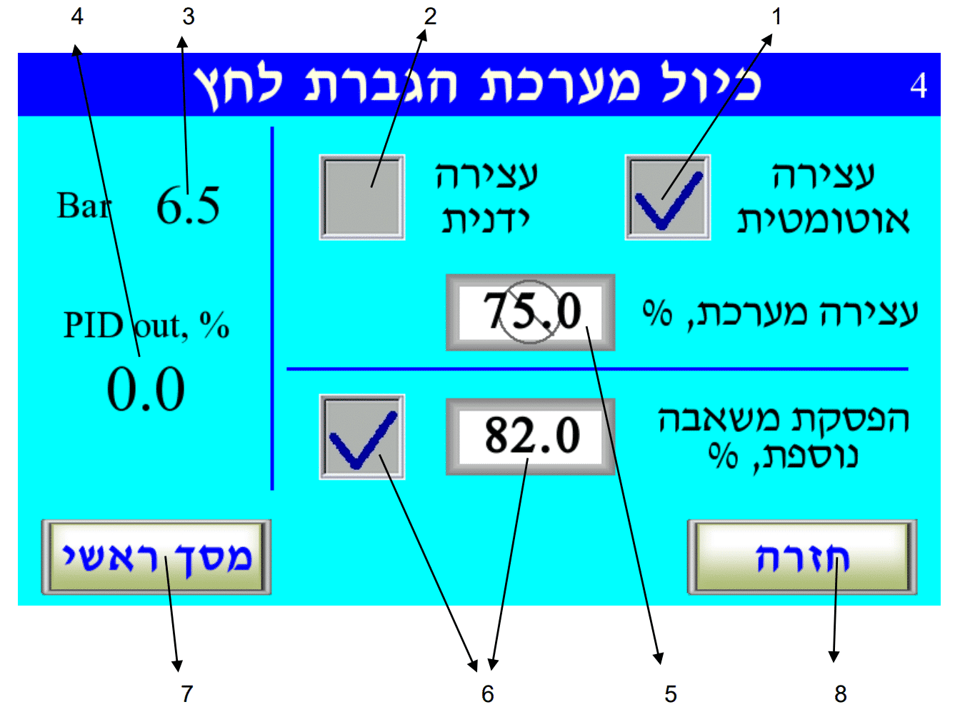 כיול מערכת הגברת לחץ — מסך 4 (עצירה אוטומטית/ידנית)